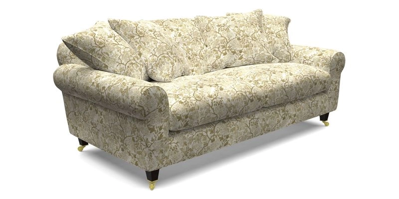 Walberswick 3 Seater Sofa in Etta's Bouquet Sunset Moss with scatters in Sussex Stripe Brick and Snape Chair in Almost Plain Velvet Spring