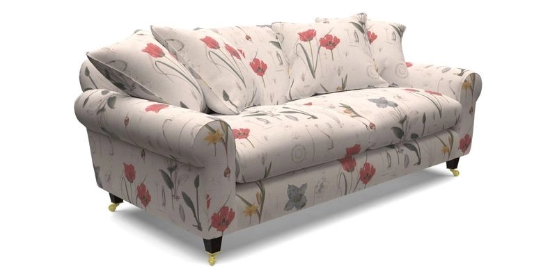 Walberswick 3 Seater Sofa in Etta's Bouquet Sunset Moss with scatters in Sussex Stripe Brick and Snape Chair in Almost Plain Velvet Spring