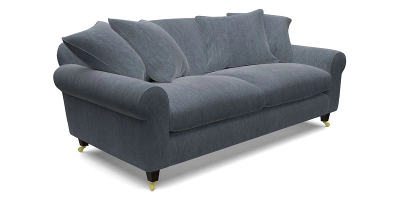 Walberswick 3 Seater Sofa in Etta's Bouquet Sunset Moss with scatters in Sussex Stripe Brick and Snape Chair in Almost Plain Velvet Spring