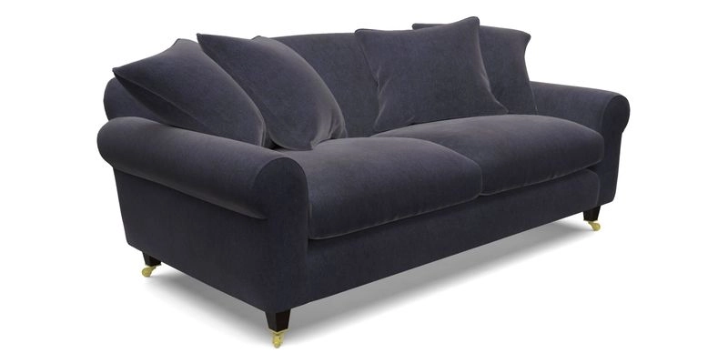 Walberswick 3 Seater Sofa in Etta's Bouquet Sunset Moss with scatters in Sussex Stripe Brick and Snape Chair in Almost Plain Velvet Spring