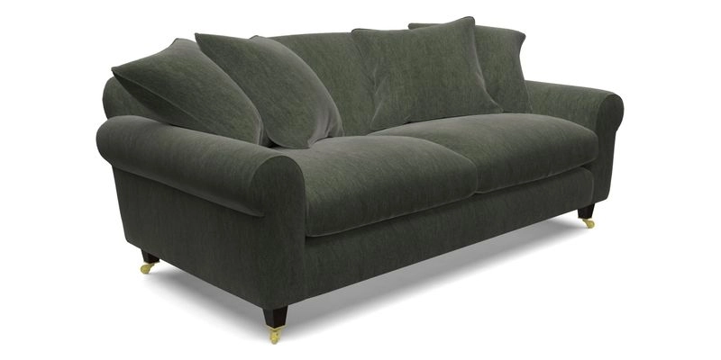 Walberswick 3 Seater Sofa in Etta's Bouquet Sunset Moss with scatters in Sussex Stripe Brick and Snape Chair in Almost Plain Velvet Spring