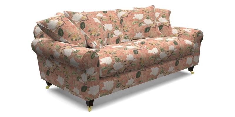 Walberswick 3 Seater Sofa in Etta's Bouquet Sunset Moss with scatters in Sussex Stripe Brick and Snape Chair in Almost Plain Velvet Spring