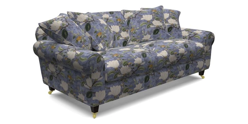 Walberswick 3 Seater Sofa in Etta's Bouquet Sunset Moss with scatters in Sussex Stripe Brick and Snape Chair in Almost Plain Velvet Spring