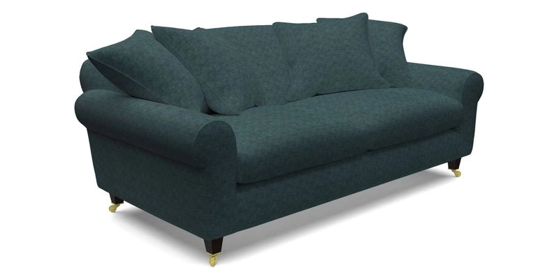 Walberswick 3 Seater Sofa in Etta's Bouquet Sunset Moss with scatters in Sussex Stripe Brick and Snape Chair in Almost Plain Velvet Spring