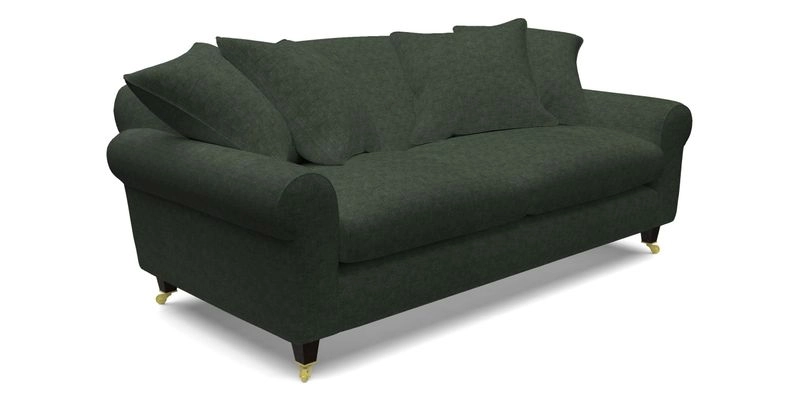 Walberswick 3 Seater Sofa in Etta's Bouquet Sunset Moss with scatters in Sussex Stripe Brick and Snape Chair in Almost Plain Velvet Spring