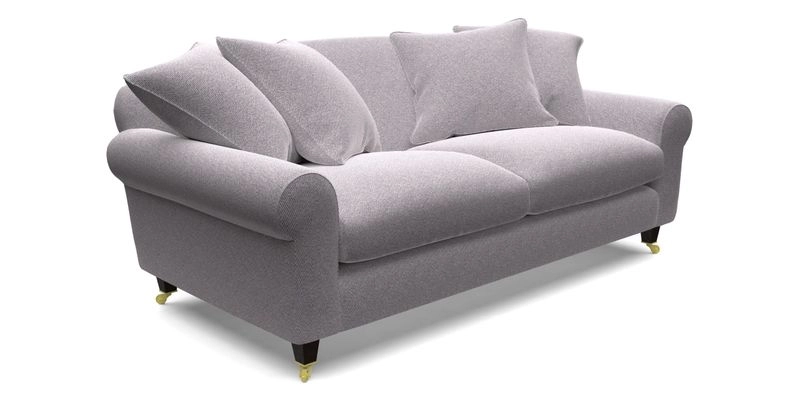 Walberswick 3 Seater Sofa in Etta's Bouquet Sunset Moss with scatters in Sussex Stripe Brick and Snape Chair in Almost Plain Velvet Spring