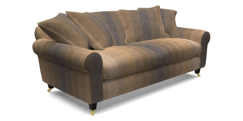 Walberswick 3 Seater Sofa in Etta's Bouquet Sunset Moss with scatters in Sussex Stripe Brick and Snape Chair in Almost Plain Velvet Spring