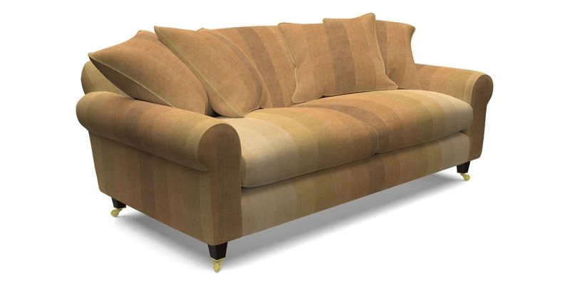 Walberswick 3 Seater Sofa in Etta's Bouquet Sunset Moss with scatters in Sussex Stripe Brick and Snape Chair in Almost Plain Velvet Spring