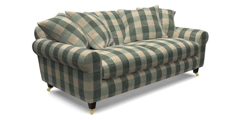 Walberswick 3 Seater Sofa in Etta's Bouquet Sunset Moss with scatters in Sussex Stripe Brick and Snape Chair in Almost Plain Velvet Spring