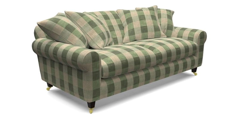 Walberswick 3 Seater Sofa in Etta's Bouquet Sunset Moss with scatters in Sussex Stripe Brick and Snape Chair in Almost Plain Velvet Spring