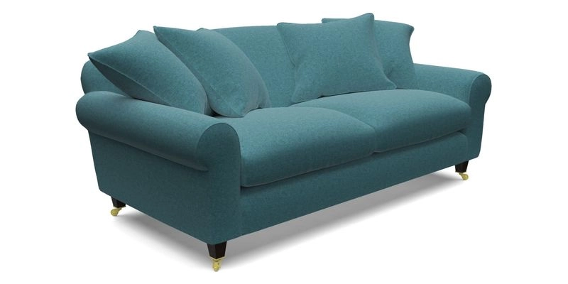 Walberswick 3 Seater Sofa in Etta's Bouquet Sunset Moss with scatters in Sussex Stripe Brick and Snape Chair in Almost Plain Velvet Spring