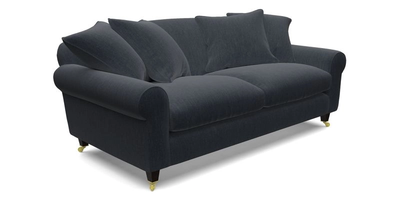 Walberswick 3 Seater Sofa in Etta's Bouquet Sunset Moss with scatters in Sussex Stripe Brick and Snape Chair in Almost Plain Velvet Spring