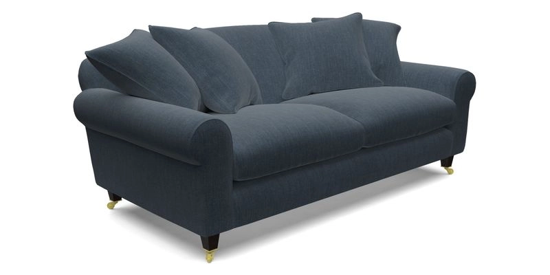 Walberswick 3 Seater Sofa in Etta's Bouquet Sunset Moss with scatters in Sussex Stripe Brick and Snape Chair in Almost Plain Velvet Spring