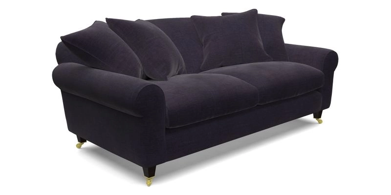 Walberswick 3 Seater Sofa in Etta's Bouquet Sunset Moss with scatters in Sussex Stripe Brick and Snape Chair in Almost Plain Velvet Spring