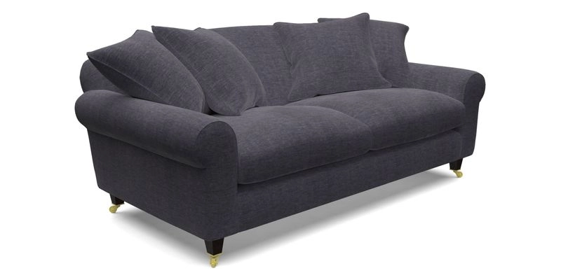 Walberswick 3 Seater Sofa in Etta's Bouquet Sunset Moss with scatters in Sussex Stripe Brick and Snape Chair in Almost Plain Velvet Spring