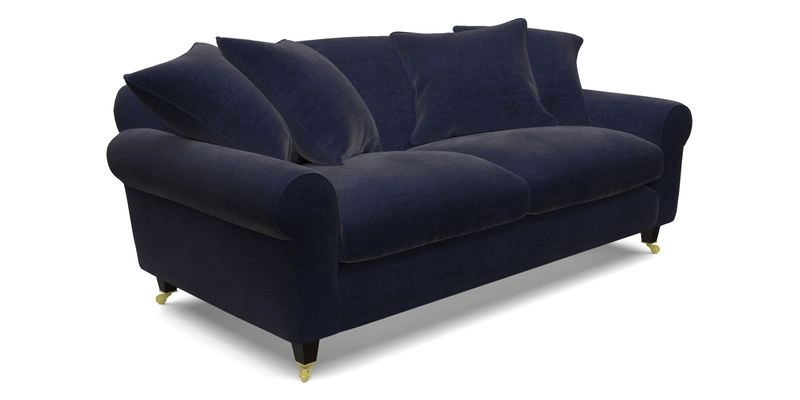 Walberswick 3 Seater Sofa in Etta's Bouquet Sunset Moss with scatters in Sussex Stripe Brick and Snape Chair in Almost Plain Velvet Spring