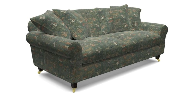 Walberswick 3 Seater Sofa in Etta's Bouquet Sunset Moss with scatters in Sussex Stripe Brick and Snape Chair in Almost Plain Velvet Spring