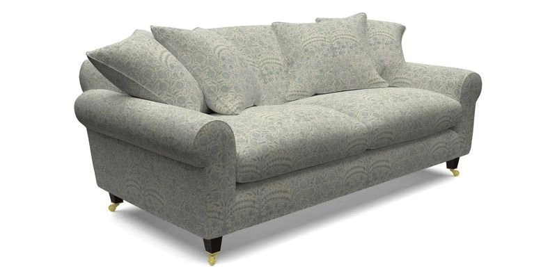 Walberswick 3 Seater Sofa in Etta's Bouquet Sunset Moss with scatters in Sussex Stripe Brick and Snape Chair in Almost Plain Velvet Spring