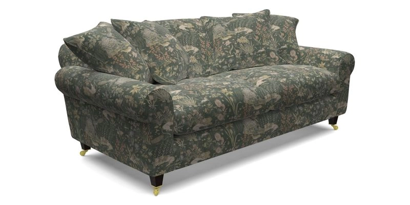 Walberswick 3 Seater Sofa in Etta's Bouquet Sunset Moss with scatters in Sussex Stripe Brick and Snape Chair in Almost Plain Velvet Spring