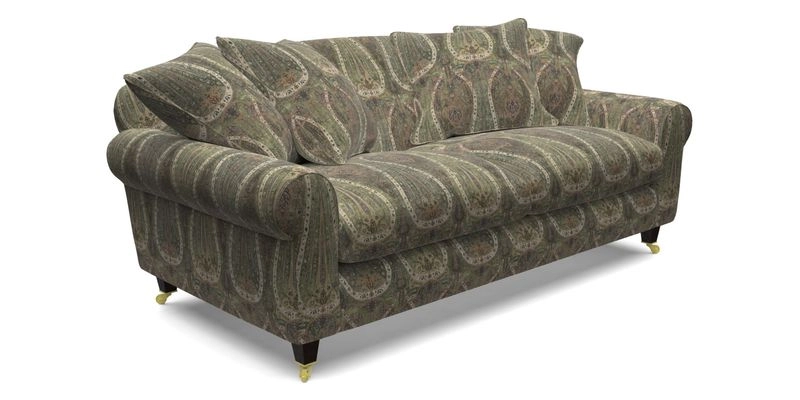 Walberswick 3 Seater Sofa in Etta's Bouquet Sunset Moss with scatters in Sussex Stripe Brick and Snape Chair in Almost Plain Velvet Spring