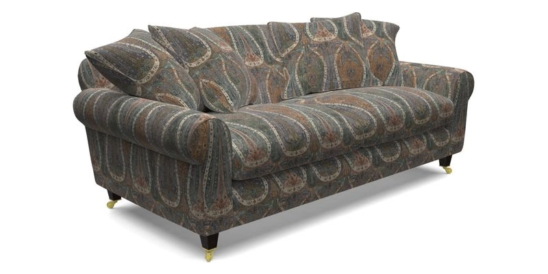 Walberswick 3 Seater Sofa in Etta's Bouquet Sunset Moss with scatters in Sussex Stripe Brick and Snape Chair in Almost Plain Velvet Spring