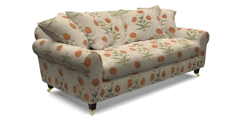 Walberswick 3 Seater Sofa in Etta's Bouquet Sunset Moss with scatters in Sussex Stripe Brick and Snape Chair in Almost Plain Velvet Spring