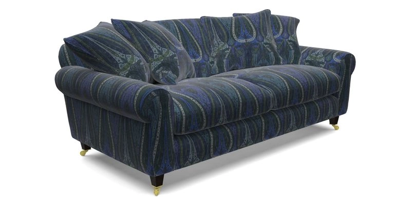 Walberswick 3 Seater Sofa in Etta's Bouquet Sunset Moss with scatters in Sussex Stripe Brick and Snape Chair in Almost Plain Velvet Spring