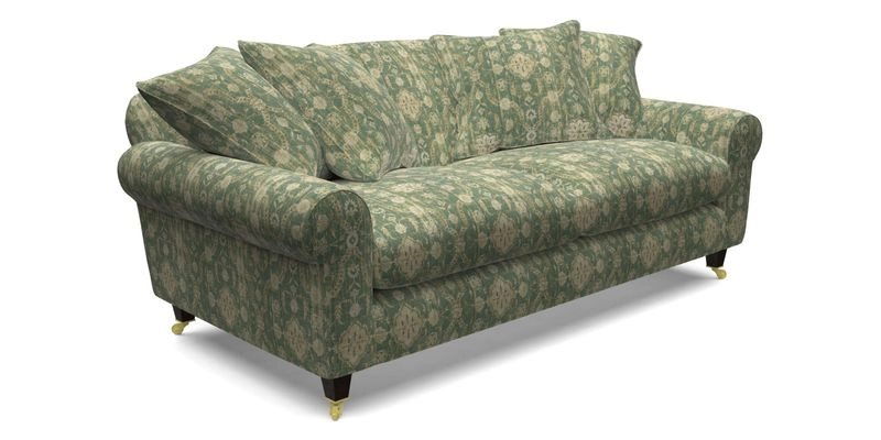 Walberswick 3 Seater Sofa in Etta's Bouquet Sunset Moss with scatters in Sussex Stripe Brick and Snape Chair in Almost Plain Velvet Spring