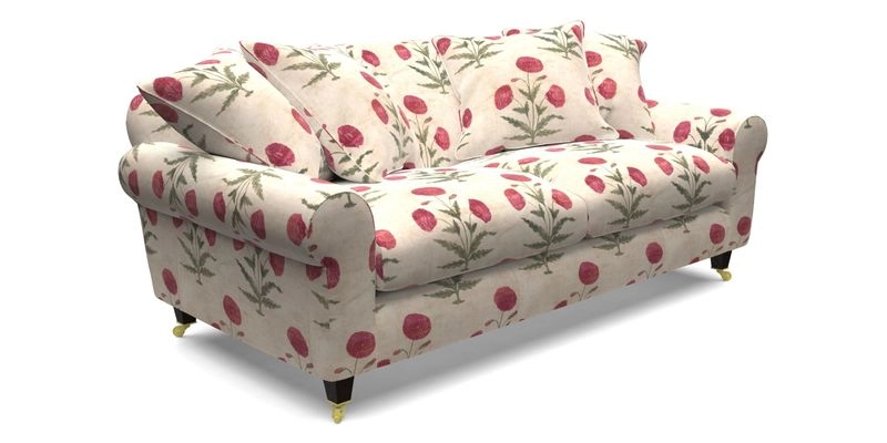 Walberswick 3 Seater Sofa in Etta's Bouquet Sunset Moss with scatters in Sussex Stripe Brick and Snape Chair in Almost Plain Velvet Spring