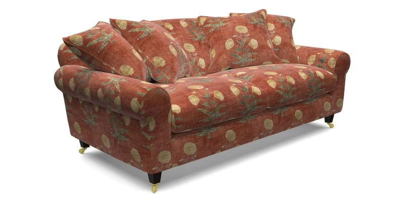 Walberswick 3 Seater Sofa in Etta's Bouquet Sunset Moss with scatters in Sussex Stripe Brick and Snape Chair in Almost Plain Velvet Spring