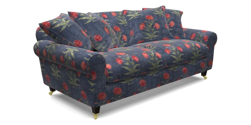 Walberswick 3 Seater Sofa in Etta's Bouquet Sunset Moss with scatters in Sussex Stripe Brick and Snape Chair in Almost Plain Velvet Spring