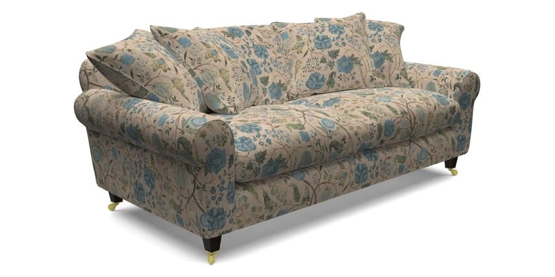 Walberswick 3 Seater Sofa in Etta's Bouquet Sunset Moss with scatters in Sussex Stripe Brick and Snape Chair in Almost Plain Velvet Spring