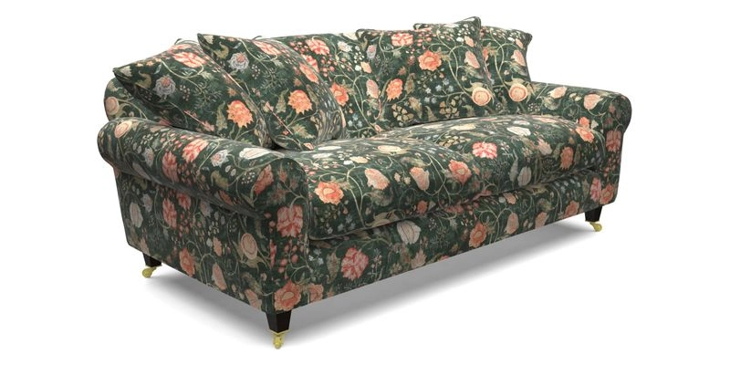 Walberswick 3 Seater Sofa in Etta's Bouquet Sunset Moss with scatters in Sussex Stripe Brick and Snape Chair in Almost Plain Velvet Spring