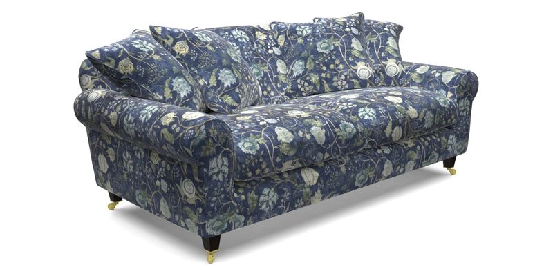 Walberswick 3 Seater Sofa in Etta's Bouquet Sunset Moss with scatters in Sussex Stripe Brick and Snape Chair in Almost Plain Velvet Spring