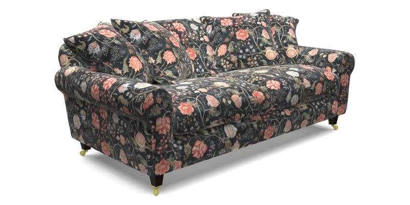 Walberswick 3 Seater Sofa in Etta's Bouquet Sunset Moss with scatters in Sussex Stripe Brick and Snape Chair in Almost Plain Velvet Spring