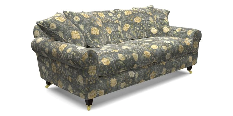 Walberswick 3 Seater Sofa in Etta's Bouquet Sunset Moss with scatters in Sussex Stripe Brick and Snape Chair in Almost Plain Velvet Spring