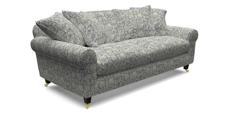 Walberswick 3 Seater Sofa in Etta's Bouquet Sunset Moss with scatters in Sussex Stripe Brick and Snape Chair in Almost Plain Velvet Spring