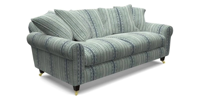 Walberswick 3 Seater Sofa in Etta's Bouquet Sunset Moss with scatters in Sussex Stripe Brick and Snape Chair in Almost Plain Velvet Spring