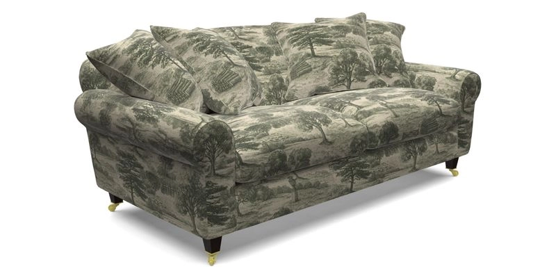 Walberswick 3 Seater Sofa in Etta's Bouquet Sunset Moss with scatters in Sussex Stripe Brick and Snape Chair in Almost Plain Velvet Spring