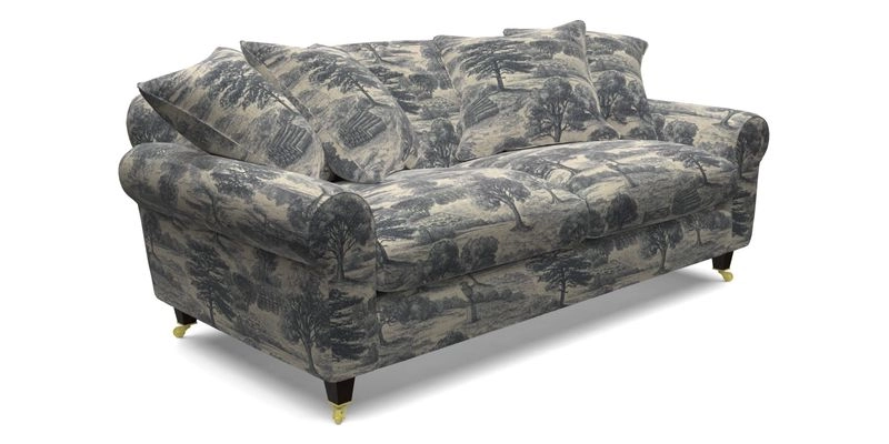 Walberswick 3 Seater Sofa in Etta's Bouquet Sunset Moss with scatters in Sussex Stripe Brick and Snape Chair in Almost Plain Velvet Spring