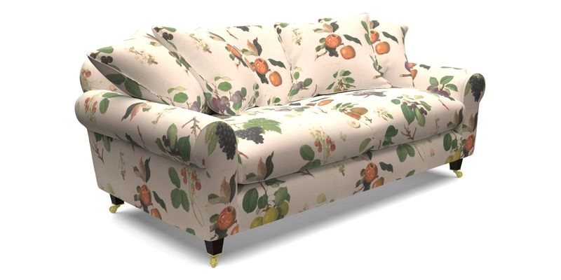 Walberswick 3 Seater Sofa in Etta's Bouquet Sunset Moss with scatters in Sussex Stripe Brick and Snape Chair in Almost Plain Velvet Spring