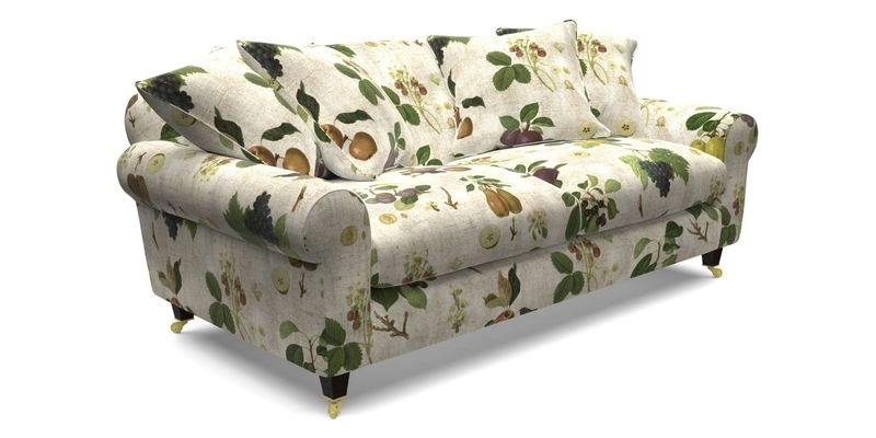 Walberswick 3 Seater Sofa in Etta's Bouquet Sunset Moss with scatters in Sussex Stripe Brick and Snape Chair in Almost Plain Velvet Spring