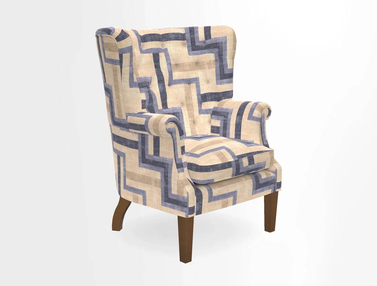 Whitewell Chair in RHS Collection Gertrude Jekyll Lattice Navy with Seat Back and Arms in Mohair Velvet Petrol
