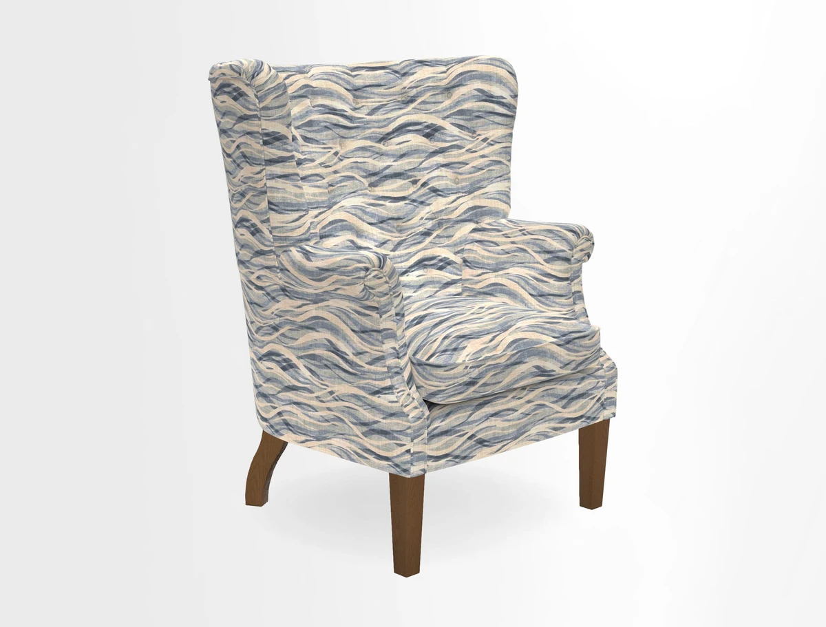 Whitewell Chair in RHS Collection Gertrude Jekyll Lattice Navy with Seat Back and Arms in Mohair Velvet Petrol