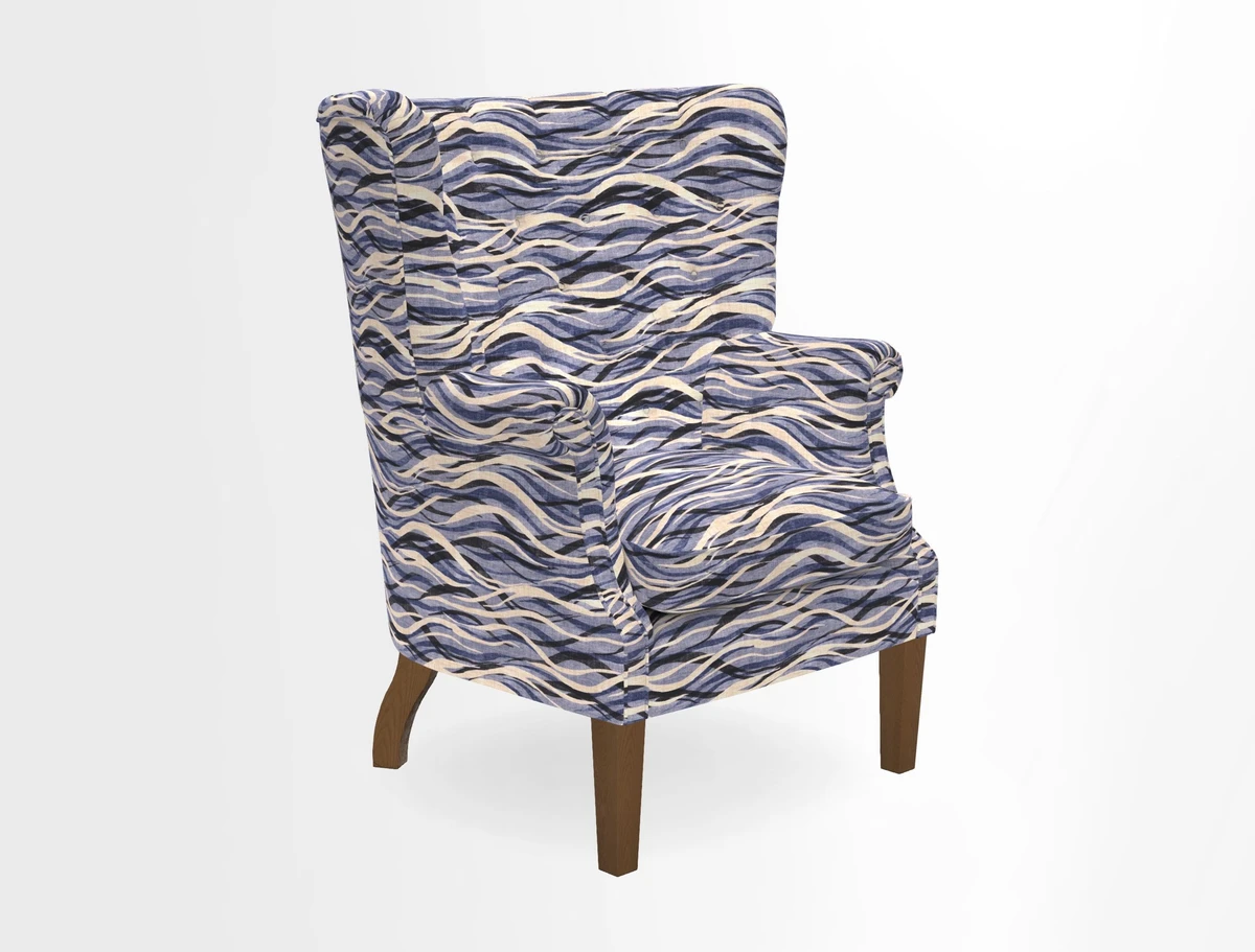 Whitewell Chair in RHS Collection Gertrude Jekyll Lattice Navy with Seat Back and Arms in Mohair Velvet Petrol