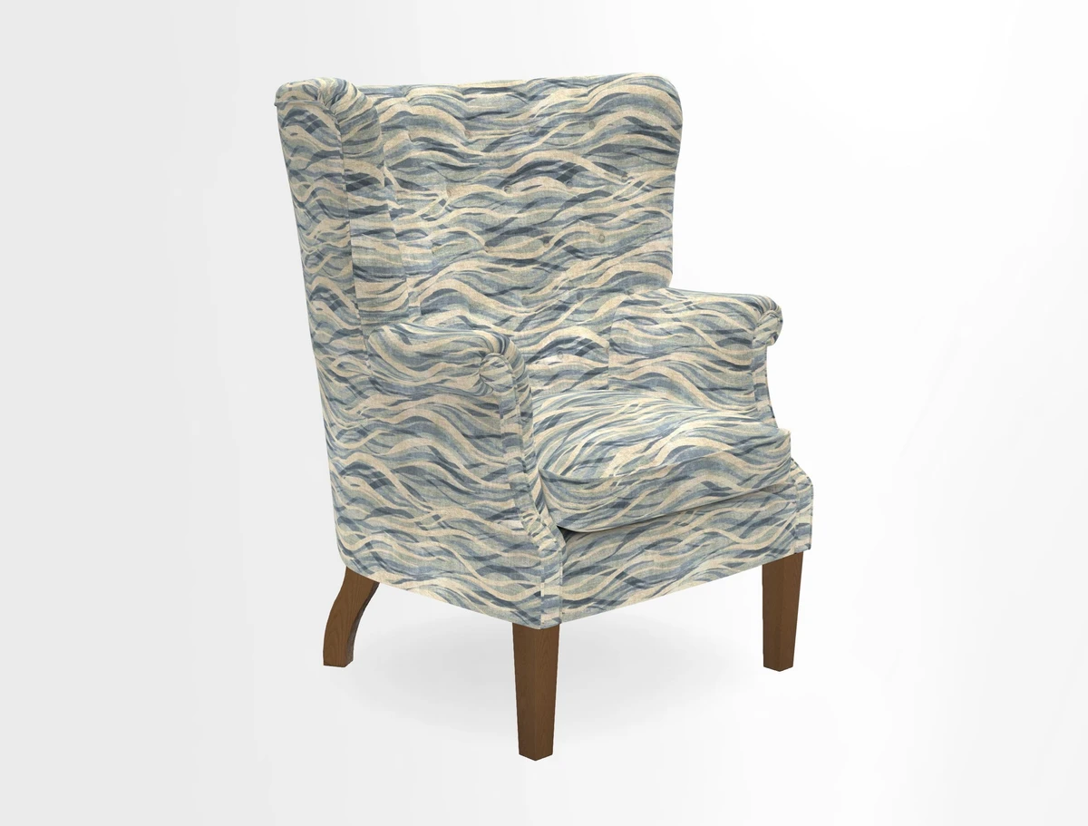 Whitewell Chair in RHS Collection Gertrude Jekyll Lattice Navy with Seat Back and Arms in Mohair Velvet Petrol