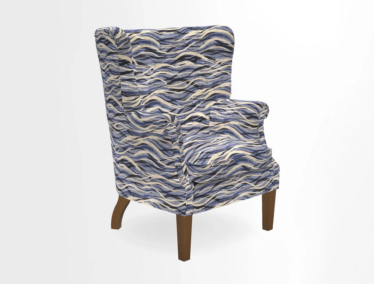 Whitewell Chair in RHS Collection Gertrude Jekyll Lattice Navy with Seat Back and Arms in Mohair Velvet Petrol