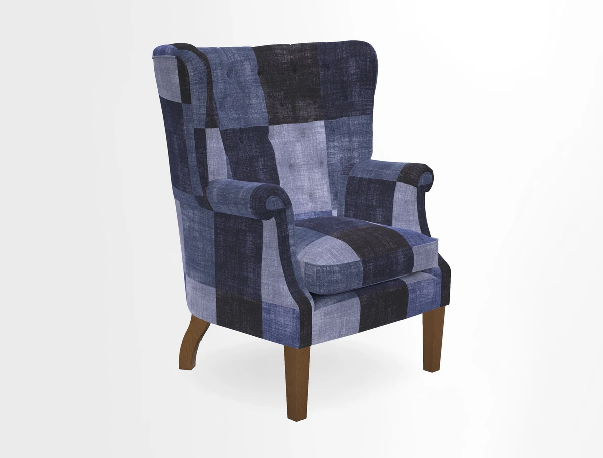 Whitewell Chair in RHS Collection Gertrude Jekyll Lattice Navy with Seat Back and Arms in Mohair Velvet Petrol