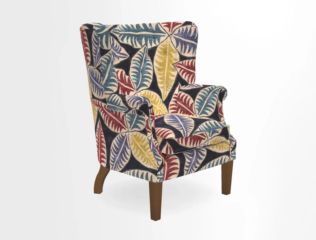 Whitewell Chair in RHS Collection Gertrude Jekyll Lattice Navy with Seat Back and Arms in Mohair Velvet Petrol