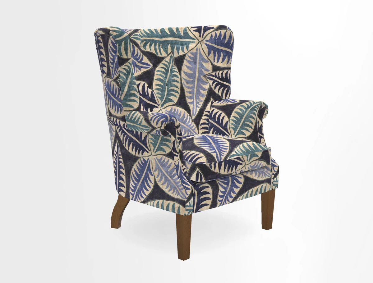 Whitewell Chair in RHS Collection Gertrude Jekyll Lattice Navy with Seat Back and Arms in Mohair Velvet Petrol